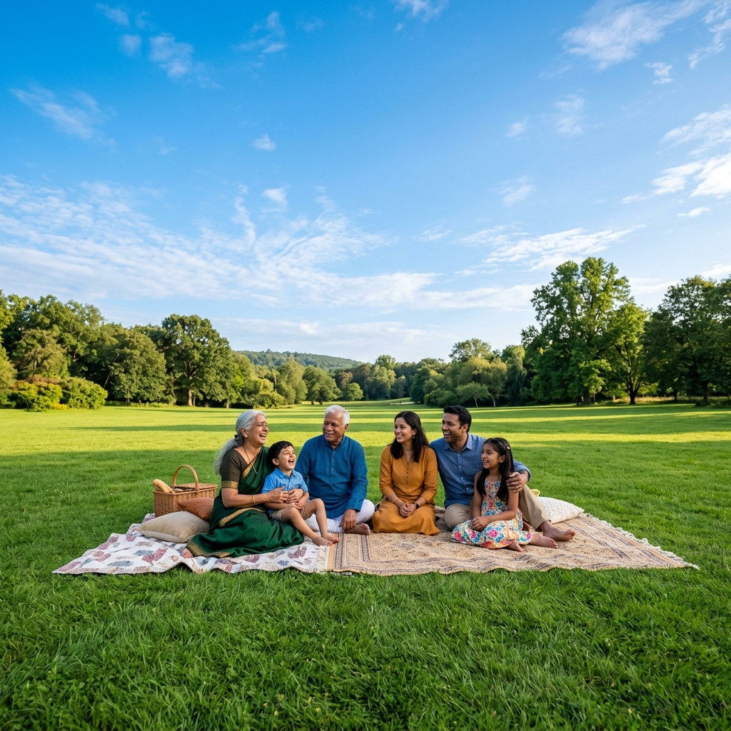 Happy healthy Indian multi-generational family outdoors