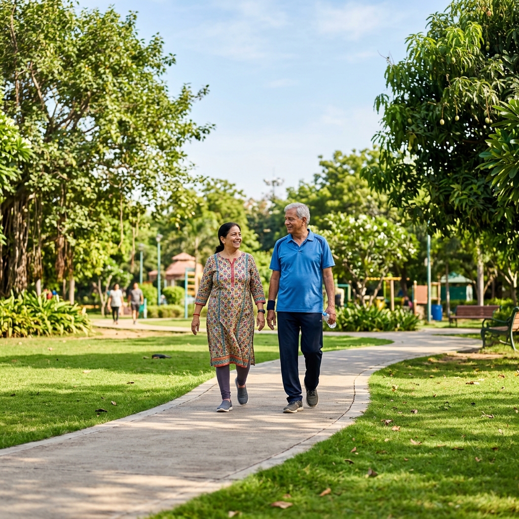 Healthy active senior Indian couple smiling in a garden